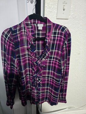 Chicos 1 Ruffle Neck Shirt 8 Long Sleeve Purple Plaid Button Up top Dahlia